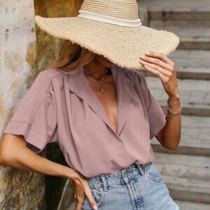 Mauve Dusty Rose Short-Sleeved Button Front Ruched Work Blouse